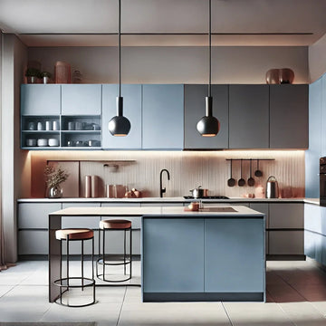 Modern Minimalist Island Kitchen in Misty Grey & Shore Blue
