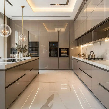 Modern Luxe Parallel Kitchen with Island & Reflective Finish
