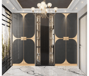 Door Premium Swing Wardrobe with Central Open Display in Black Glass & Brushed Gold Accents
