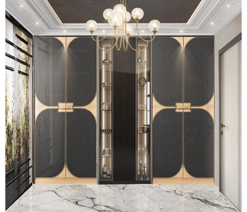 Door Premium Swing Wardrobe with Central Open Display in Black Glass & Brushed Gold Accents