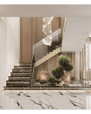 Floating Marble Staircase with Vertical Garden & Spiral Crystal Chandelier