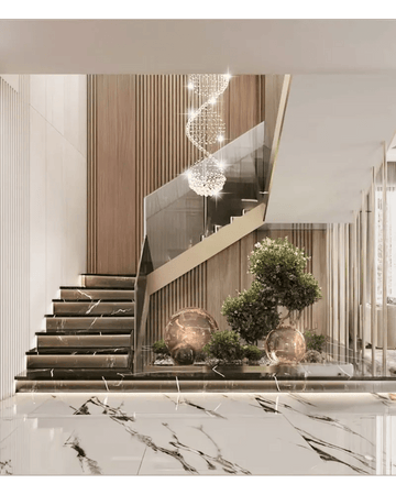 Floating Marble Staircase with Vertical Garden & Spiral Crystal Chandelier