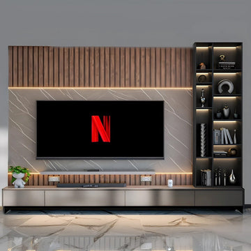 Premium Modern TV Unit Design with Marble and Wooden Slats