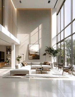 Premium Modern Living Room Design with Nature-Inspired Wall Art and Elegant Lighting