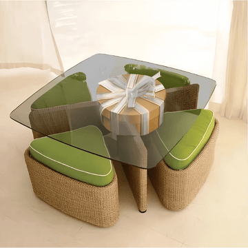 Wicker Compact Dining Set with Glass Top & Cushioned Seating
