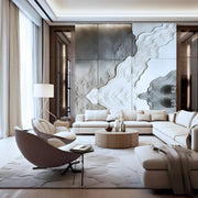 Sophisticated Contemporary Lounge with Artistic Wall Design and Warm Lighting