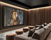 Elegant Taupe & Walnut Home Theatre with Full-Length Drapes and Luxe Loungers