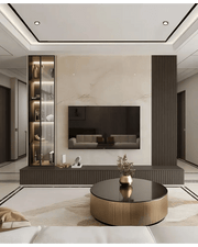 Refined Modern Living Room with Marble Elegance and Subtle Lighting