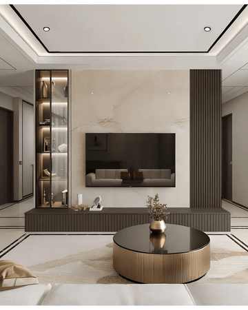 Refined Modern Living Room with Marble Elegance and Subtle Lighting