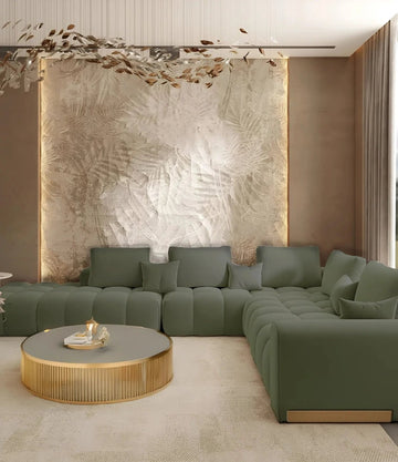 Olive Green Lounge with Textured Leaf Wall & Gold Accents