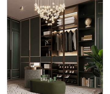 Door Luxury Walk-In Wardrobe with Open Display in Deep Green & Gold