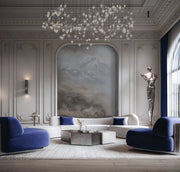 Premium Modern Living Room Design with Scenic Wall Mural and Luxurious Chandelier