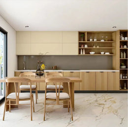 Contemporary Minimalist Parallel Kitchen in Teak & Almond