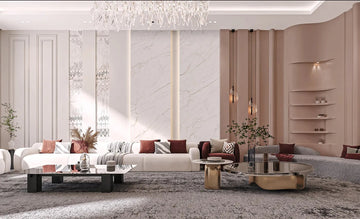Premium Modern Living Room Design with Marble Wall and Luxurious Chandelier
