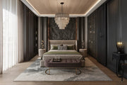 Bold Luxury Bedroom with Textured Stone Accent Wall and Dramatic Lighting