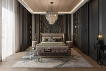 Bold Luxury Bedroom with Textured Stone Accent Wall and Dramatic Lighting