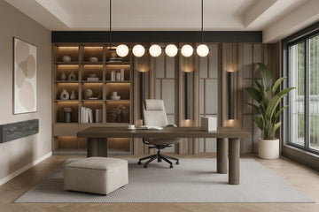 Sophisticated Home Office with Warm Wood Tones and Contemporary Minimalism