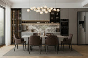 Minimalist Luxury Kitchen-Dining Space with Marble Accents and Contemporary Lighting