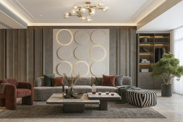 Modern Luxe Living Room with Sculptural Wall Art and Eclectic Accents