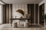 Elegant Executive Home Office with Minimalist Art and Warm Wooden Accents