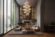 Grand Luxury Living Room with Double-Height Ceiling and Sculptural Statement Lighting