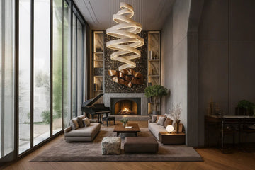 Grand Luxury Living Room with Double-Height Ceiling and Sculptural Statement Lighting