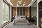 Modern Geometric Bedroom with Wood Paneling and Statement Ceiling Design