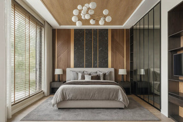 Modern Geometric Bedroom with Wood Paneling and Statement Ceiling Design