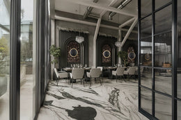 Sophisticated Modern Dining Area with Dramatic Marble Flooring
