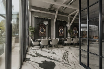 Sophisticated Modern Dining Area with Dramatic Marble Flooring