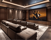 Timeless Classic Home Theatre with Tiered Loungers and Warm Ambience