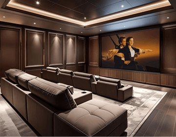 Timeless Classic Home Theatre with Tiered Loungers and Warm Ambience