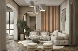 Earth-Toned Boho Lounge with Sculpted Seating & Arched Transitions