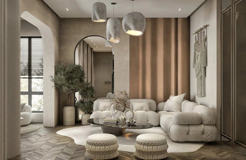 Earth-Toned Boho Lounge with Sculpted Seating & Arched Transitions