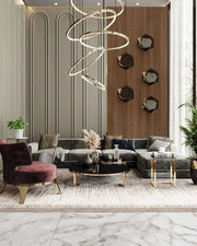 Modern Velvet Living Room with Sculptural Ring Chandelier & Walnut Accent Wall