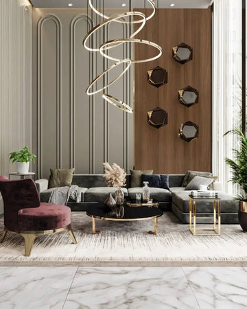 Modern Velvet Living Room with Sculptural Ring Chandelier & Walnut Accent Wall