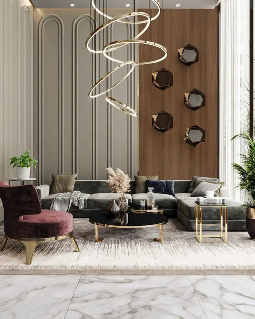 Modern Velvet Living Room with Sculptural Ring Chandelier & Walnut Accent Wall