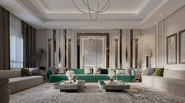 Premium Modern Living Room Design with Gold Wall Panel and Luxurious Lighting