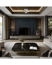 Modern Luxe Living Room with Dark Accents and Artistic Lighting