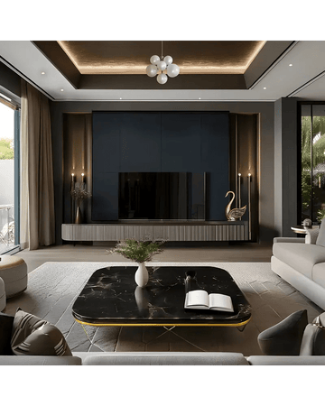 Modern Luxe Living Room with Dark Accents and Artistic Lighting