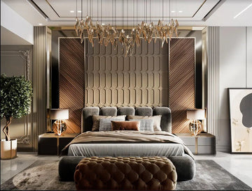 A Modern Luxe Bedroom with 3D Wall Paneling