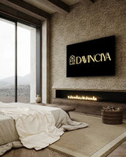 Earthbound Elegance – Panoramic Bedroom with Textured Stone Wall & Horizontal Flame Strip