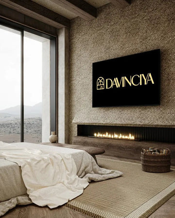 Earthbound Elegance – Panoramic Bedroom with Textured Stone Wall & Horizontal Flame Strip