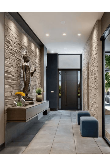 Serene Foyer Design with Buddha Statue and Textured Stone Wall