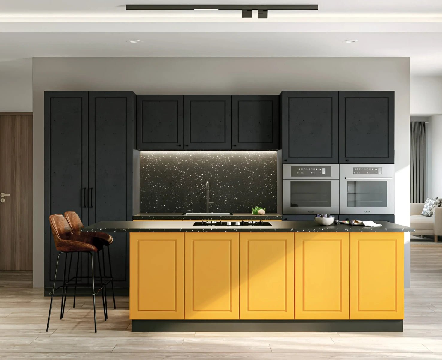 Contemporary Luxe Island Kitchen with Wooden Louver Accents - Davinciya