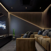 Contemporary Luxe Home Theatre with Diagonal  Accent Lighting