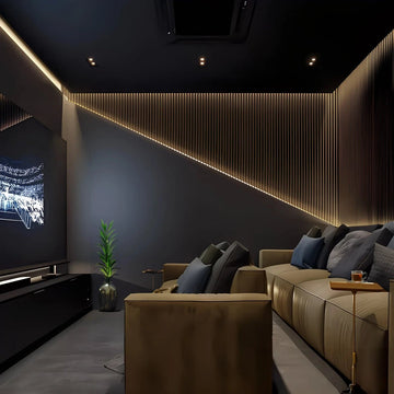 Contemporary Luxe Home Theatre with Diagonal  Accent Lighting
