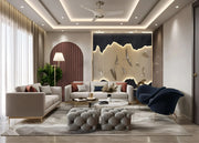 Modern Elegance Living Room with Sculptural Wall Art and Warm Tones