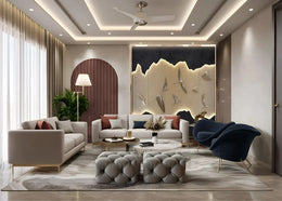 Modern Elegance Living Room with Sculptural Wall Art and Warm Tones