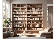 Sunlit Neutral-Toned Reading Lounge with Warm  Wood Library Wall